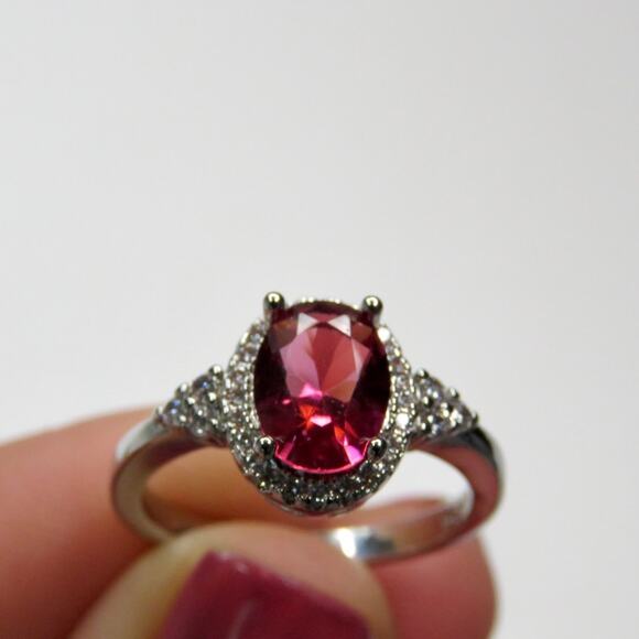 Zales Ruby & Cubic Zirconia Halo Sterling Silver Ring Size 7 SYNTHETIC - Picture 10 of 12